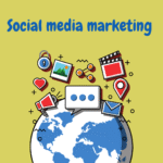 "Social media marketing illustration with a globe and icons for chat, email, video, photos, and engagement.