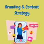 "Branding and content strategy illustration showing a woman with a megaphone inside a smartphone surrounded by brand icons."